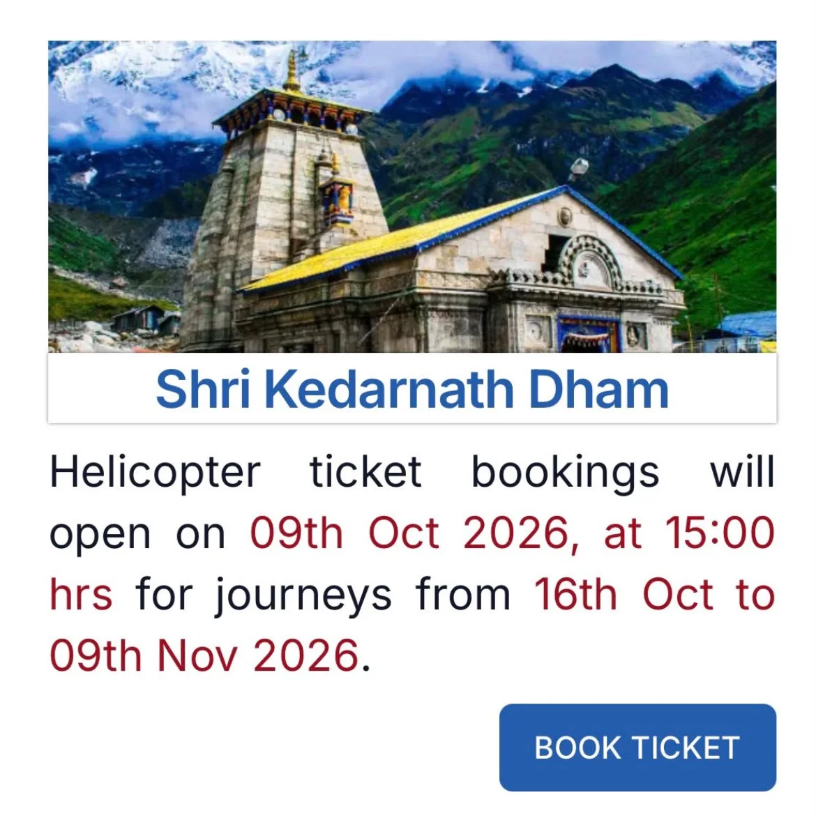 Shri Kedarnath Dham helicopter ticket booking notice, opening 9 October 2026 at 15:00 hrs for journeys 16 October to 9 November 2026