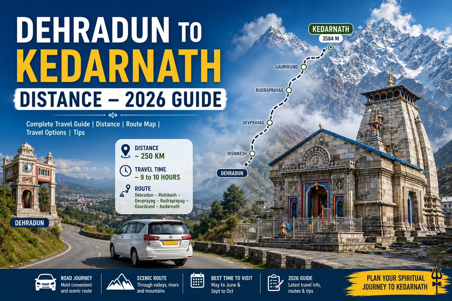 Dehradun to Kedarnath distance is 247–272 km by road